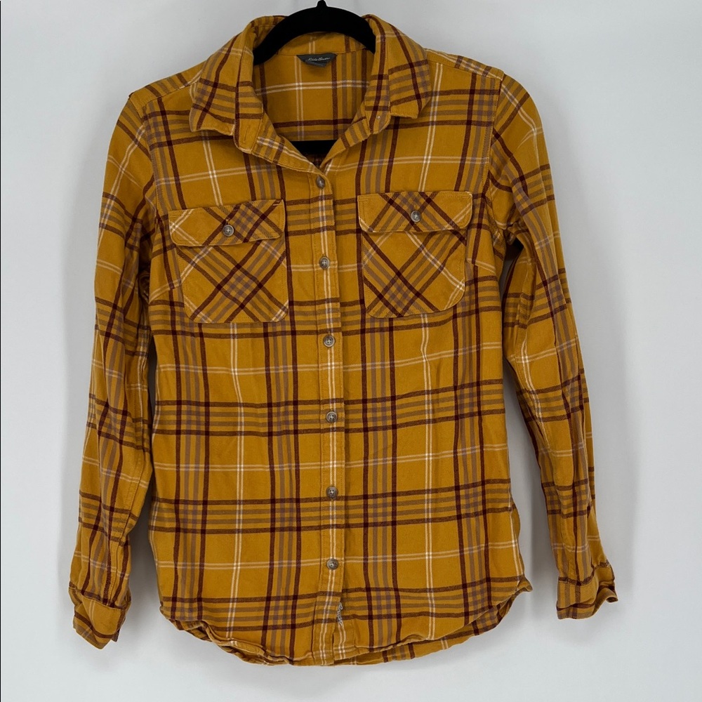 Eddie Bauer Mustard‎ Plaid Shirt with Brown & White Stripes
